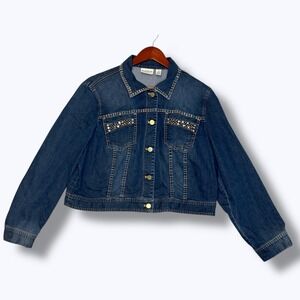 Chico's Platinum Women Denim Jacket Size 3 XL Embellished Button Front Cropped